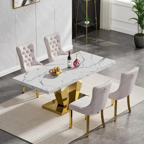 Vista 2 de Juego de 5 mesas de comedor de mármol sintético, juego de mesa de cocina y comedor para 4, mesa de comedor rectangular blanca de 70 pulgadas