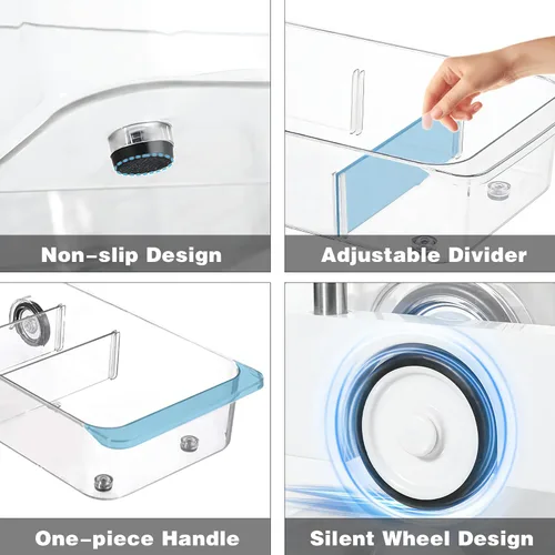 Vista 3 de MANO Paquete de 2 bandejas divididas para refrigerador, organizador de refrigerador con ruedas para despensa de verduras, caja de aperitivos debajo