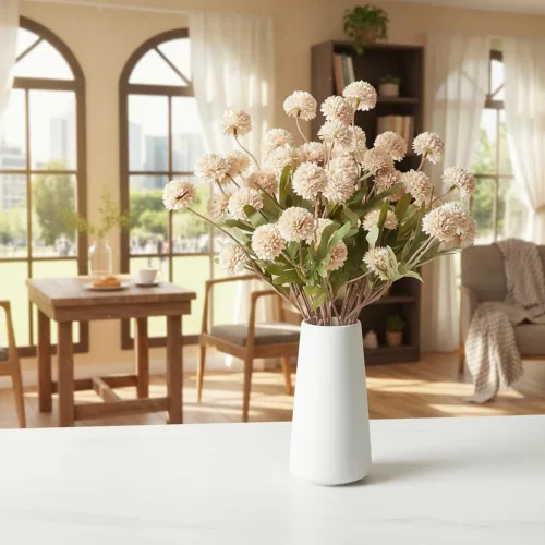 Vista 8 de Mini flores artificiales de crisantemo, 10 tallos de pompón sintético para arreglos de jarrón, decoración del hogar (beige)