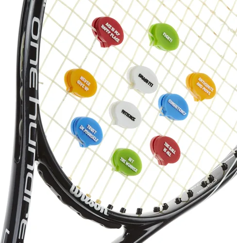 Vista 2 de BusyBee Amortiguador de vibraciones de tenis (paquete de 10). Regalo único de tenis para niños, mujeres y jugadores con 10 lemas motivacionales