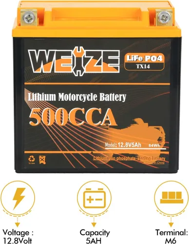 Vista 3 de Weize Batería de litio YTX14-BS, grupo 14, 500A LiFePO4 para motocicleta, 12V 5AH ATV, UTV, moto acuática, 4 ruedas, motos de nieve, embarcaciones