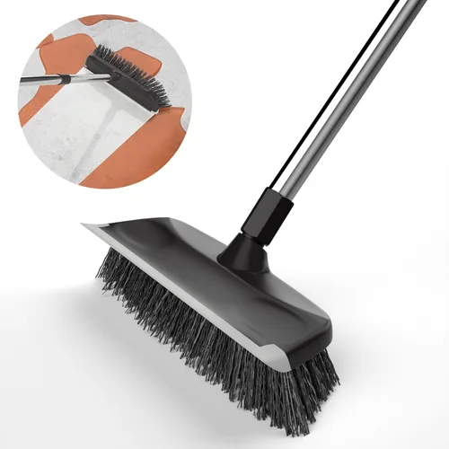 Vista 8 de Cepillo de limpieza de piso resistente con mango largo, mango de acero inoxidable ajustable, cerdas rígidas y raspador de goma para limpiar