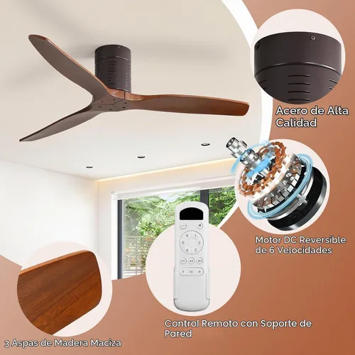 Vista 3 de Sofucor Ventilador de techo de 52 pulgadas sin luz, ventiladores de techo de madera maciza para interiores y exteriores sin luces, motor CC