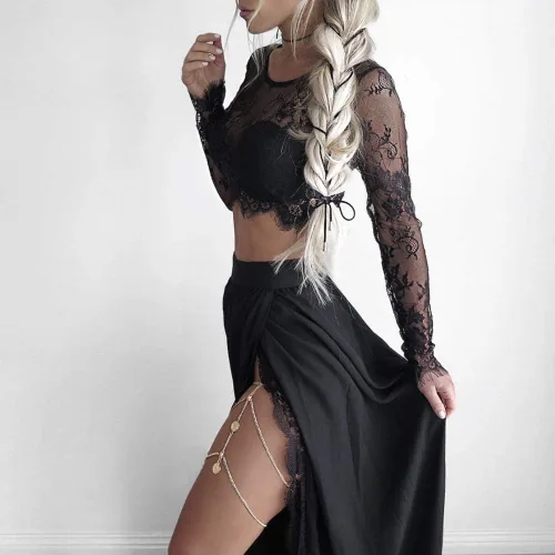 Vista 3 de Blusa corta de malla transparente para mujer, camiseta sexy con encaje y bordado