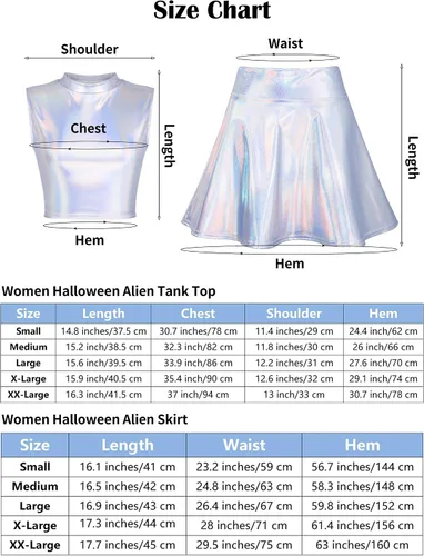Vista 2 de SOMSOC Paquete de 5 disfraces de alienígena para mujer, incluye parte superior metálica y camisa, antena, diadema y lentes con purpurina