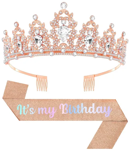Vista 15 de Tiara de cumpleaños y corona con banda, tiara de cumpleaños para fiesta de mujeres (rosa)