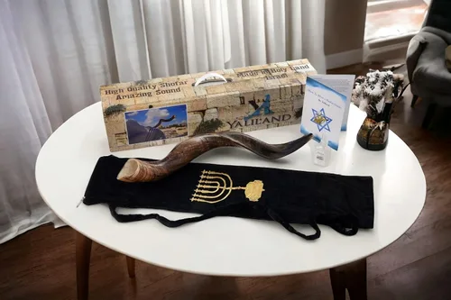 Vista 10 de Auténtico juego Kudu Shofar – Cuerno yemenita natural completo (26"-28") con bolsa de menorá, guía y estuche de transporte – Hecho a mano en Israel
