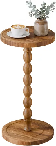 Vista 12 de Mesa auxiliar redonda pequeña, mesa de madera de acacia para espacios pequeños, mesas decorativas modernas, mesas auxiliares de café con pedestal