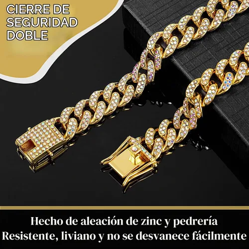 Vista 4 de LEIFIDE Collar de Cadena para Perro con Enlace de Diamante Collar para Cachorros de 12 mm de Ancho Collar de Metal para Gatos Collar de Cristal
