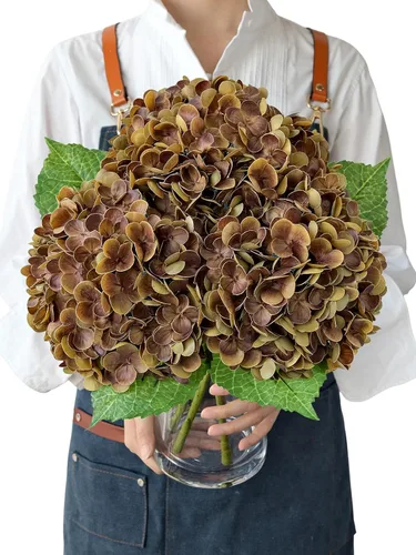 Vista 19 de JINWOE Hortensias artificiales de tacto real, 3 piezas de 21 pulgadas, flores de seda de látex real grandes, tallos largos, ramo de flores falsas