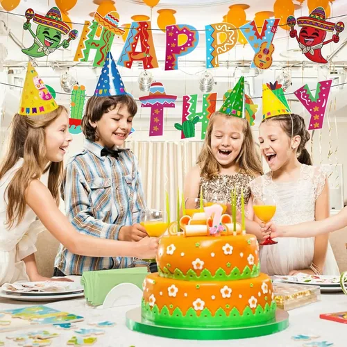 Vista 4 de Juego de 2 pancartas mexicanas de feliz cumpleaños, guirnalda de fiesta de cumpleaños, decoración de fondo para fiesta temática mexicana, fiesta