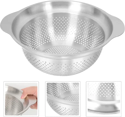 Vista 3 de BESPORTBLE Cuenco de acero inoxidable grueso multiusos con asas, para lavado de arroz y pasta, soporte estable para fregadero para verduras, frutas