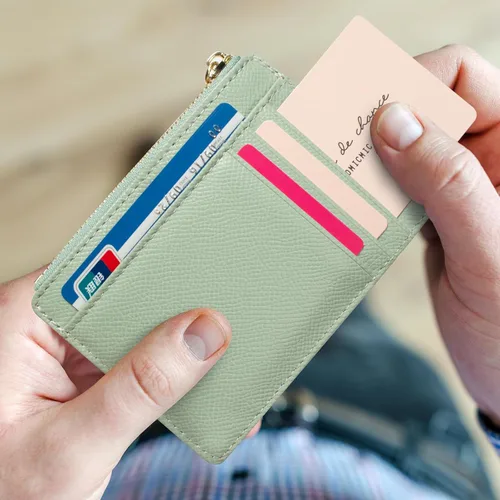 Vista 64 de Tarjetero delgado con bloqueo RFID, billetera de bolsillo pequeño, con cremallera Keychian para monedero, monedero y tarjetero para mujeres y hombres