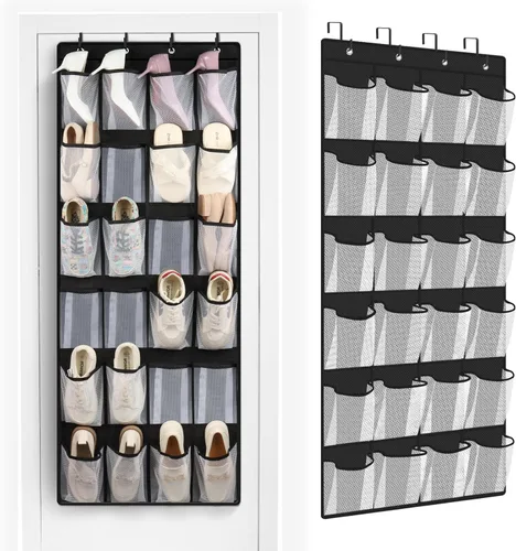Vista 8 de FENTEC Organizador de zapatos para colgar sobre la puerta, 24 bolsillos, organizador de zapatos colgante para closet, de malla de bolsillo grande
