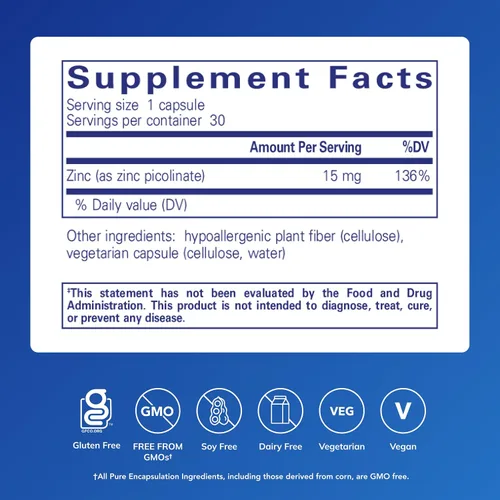 Vista 2 de Pure Encapsulations Zinc 15 mg - Suplemento de picolinato de zinc para apoyo, crecimiento y desarrollo del sistema inmunitario - para la curación