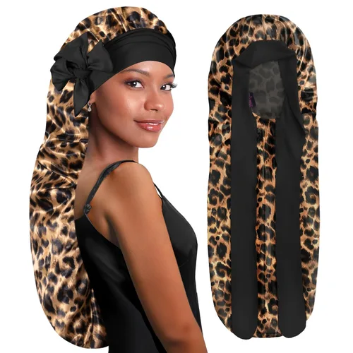 Vista 20 de BONNET QUEEN Gorro de Trenza de Seda Gorro Plegable Extra Largo para Trenzas con Banda de Atar, Capó de Satén Largo para Dormir, Verde Oscuro