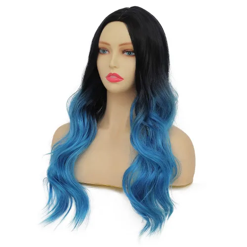 Vista 4 de Tseses Pelucas largas y onduladas de color azul degradado para mujer, pelucas de cabello sintético con raíces oscuras, cosplay, fiesta de Halloween
