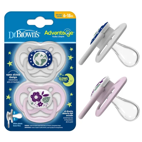 Vista 19 de Dr. Brown's Advantage Glow-in-the-Dark Baby Pacifier, Fully Symmetrical Soother with Soft Silicone Bulb, Blue Nature, 6-18m, BPA Free, 2 Pack