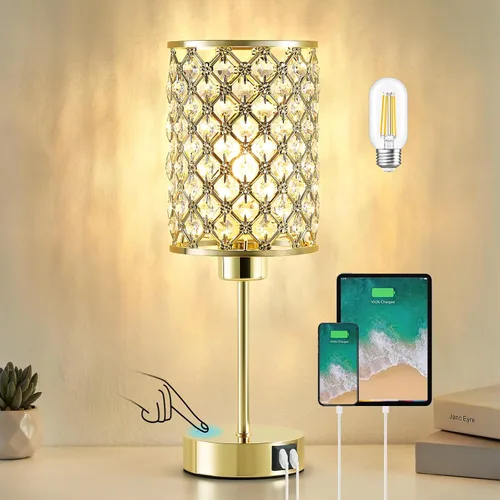 Vista 19 de Lámpara de mesa de cristal, lámpara táctil púrpura con puerto USB C+A Púrpura-1