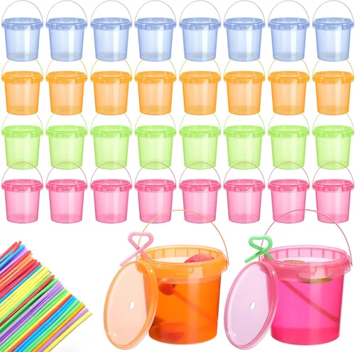 Vista 14 de Funnymoom Paquete de 36 cubos de plástico para ron para bebidas con pajita, cubeta de cóctel para helado, con tapas y asas, recipientes de alimentos