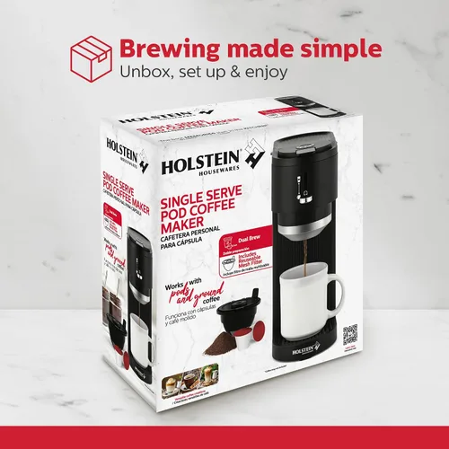 Vista 8 de Holstein Housewares Cafetera 2 en 1 de una sola porción, doble preparación, compatible con cápsulas K-Cup y café molido, filtro reutilizable Negro