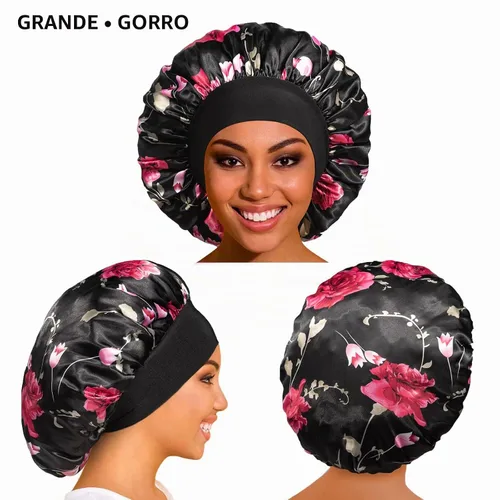 Vista 2 de vidsel 4 gorros de satén para mujer, gorro de seda para dormir, gorra de dormir de banda ancha para trenzas de cabello rizado