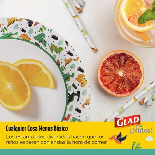 Vista 4 de Glad Platos de papel desechables con diseño de dinosaurio para niños, 7 pulgadas, platos de papel para niños a prueba de remojo y aptos