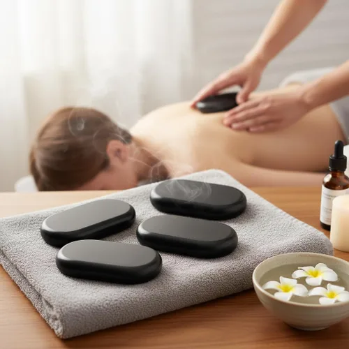 Vista 3 de Piedras de masaje caliente de alta calidad, juego de 4 piedras de basalto XXL grandes para terapia de spa, relajación y alivio muscular de tejido