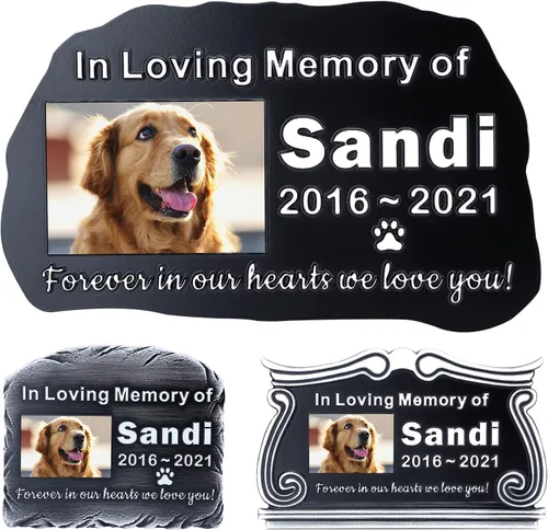Vista 14 de Piedra sepulcral para mascotas para perros o gatos con placa grabada, piedra conmemorativa para césped y jardín, nombre personalizado y mensaje