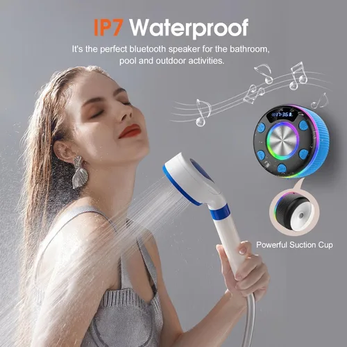Vista 4 de Altavoz de ducha Bluetooth, IP7 impermeable, portátil, Bluetooth 5.3 con ventosa, mini altavoz inalámbrico con luces RGB, pantalla de tiempo, sonido