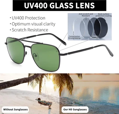 Vista 4 de JIM HALO Gafas de sol retro cuadradas estilo aviador con lente de cristal de alta calidad, gafas planas de metal para hombres y mujeres
