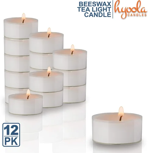 Vista 2 de Hyoola Velas de té de cera de abeja blanca pura, hechas a mano, decorativas sin perfume, velas de té, 4 horas de tiempo de combustión, taza Blanco