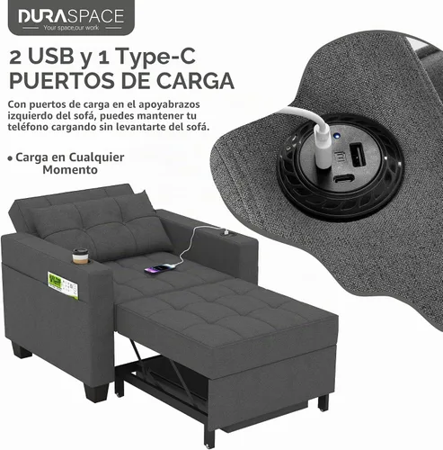 Vista 5 de DURASPACE Silla de dormir de 39 pulgadas, silla convertible 3 en 1, cama, silla de cama extraíble, sillón individual, ajustable con puertos USB