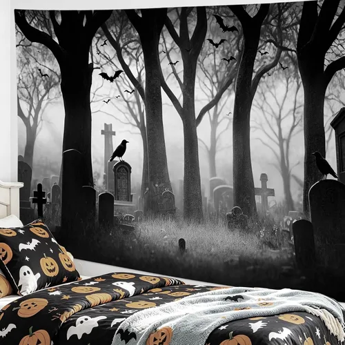 Vista 5 de LB Tapiz espeluznante de cementerio de Halloween, lápida aterradora con árboles muertos, tapiz de bosque para colgar en la pared, tapiz de fondo