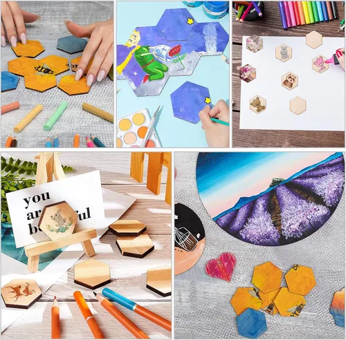 Vista 2 de EXCEART 50 piezas de madera hexagonales de 1.575 in con forma de madera hexagonal sin terminar, formas recortadas para manualidades, adornos