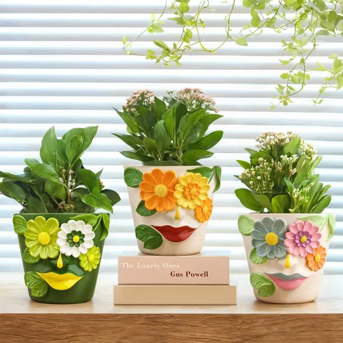 Vista 5 de GUGUGO Macetas únicas de cara para plantas, coloridas y lindas macetas para suculentas con drenaje, macetas abstractas de cabeza de arco iris
