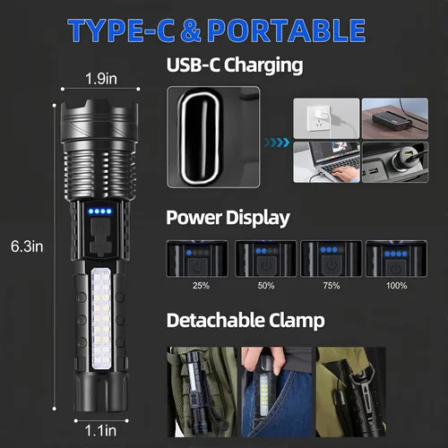 Vista 6 de Linternas Recargables de Alto Lumen, Linterna Recargable de 7 Modos, Linterna LED Súper Brillante con Luz Táctica Ajustable, Linterna de Mano