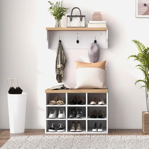 Vista 6 de HOMCOM Juego de banco de zapatos 2 en 1, árbol de pasillo de 5 ganchos con banco y almacenamiento de zapatos para 9 pares de zapatos para entrada