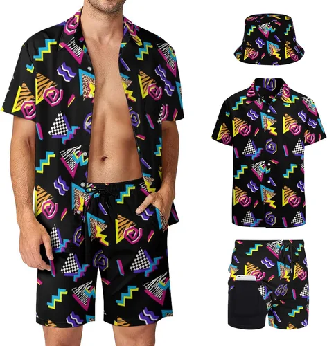 Vista 8 de Conjunto de 2 piezas retro para hombre, conjunto de chándal hawaiano de los años 80 y 90, camisas, pantalones cortos de playa y sombrero de pescador