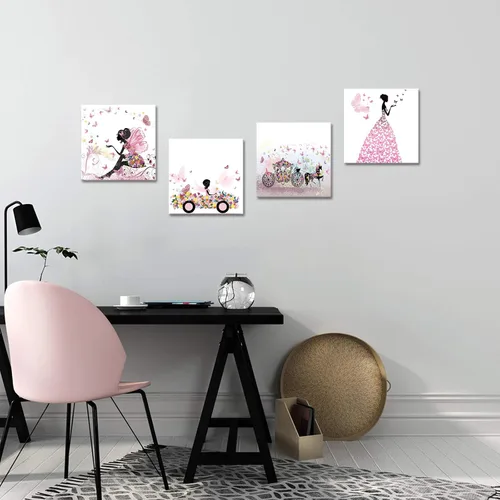 Vista 3 de iKNOW FOTO 4 piezas de lienzo rosa para pared, diseño de hadas y mariposas voladoras, estirado y enmarcado, listo para colgar, obras de arte giclée