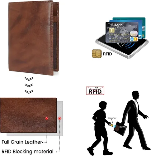 Vista 6 de Polare - Cartera de viaje de cuero con bloqueo RFID para pasaporte para hombres y mujeres Café