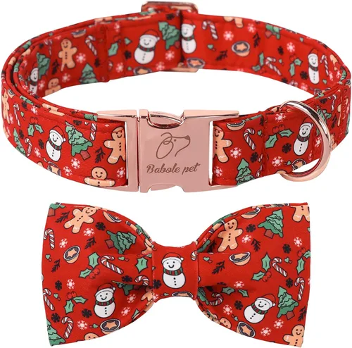 Vista 10 de Collar de Navidad para Perro con Pajarita - Lindo Collar de Cachorro Azul con Patrón Navideño de Cereza y Caramelo, Hebilla de Metal Ajustable