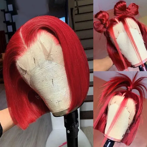 Vista 23 de Pelucas de cabello humano lacio marrón rojizo de 8 pulgadas, #33 13x4 HD, transparente, color marrón rojizo, peluca frontal de encaje frontal