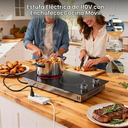 Vista 2 de Placa de cocina eléctrica de 2 quemadores, enchufe de estufa eléctrica de 110 V, placa de cocina eléctrica de 2000 W con controles de perilla