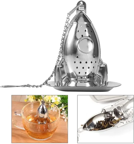 Vista 4 de Colador de té de acero inoxidable en forma de cohete Infusor de té suelto Difusor de intervalo de té con gancho de cadena extendido y bandeja
