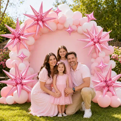 Vista 5 de 18 globos de estrella rosa, globo rosa bebé con 6 globos de estrella en explosión de 22 pulgadas, 12 globos de aluminio de cuatro estrellas