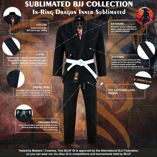 Vista 3 de Jaguar Pro Gear En anillo interior de dragón sublimado Pro brasileño Jiu Jitsu BJJ Kimono Gi uniforme unisex Cinturón blanco incluido