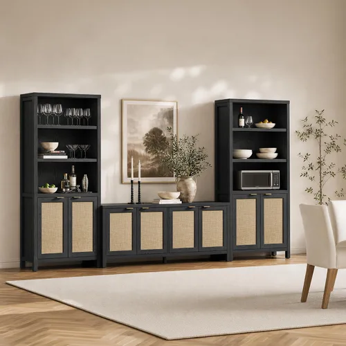 Vista 7 de SICOTAS Estantería de ratán de 5 niveles con puertas para biblioteca Roble negro