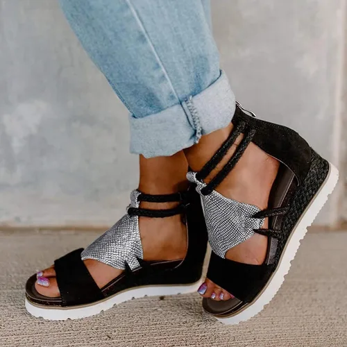Vista 2 de Sandalias de cuña marrones para mujer, tacón de cuña con punta abierta, cómodas sandalias romanas de comercio exterior, zapatos marrones