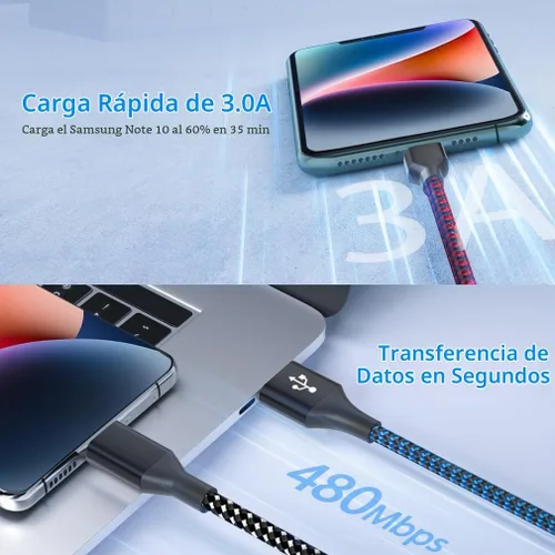 Vista 6 de Paquete de 3 cables de carga micro USB de 6 pies para Android, cable de carga micro USB largo trenzado rápido compatible con Fire Tablet, Kindle